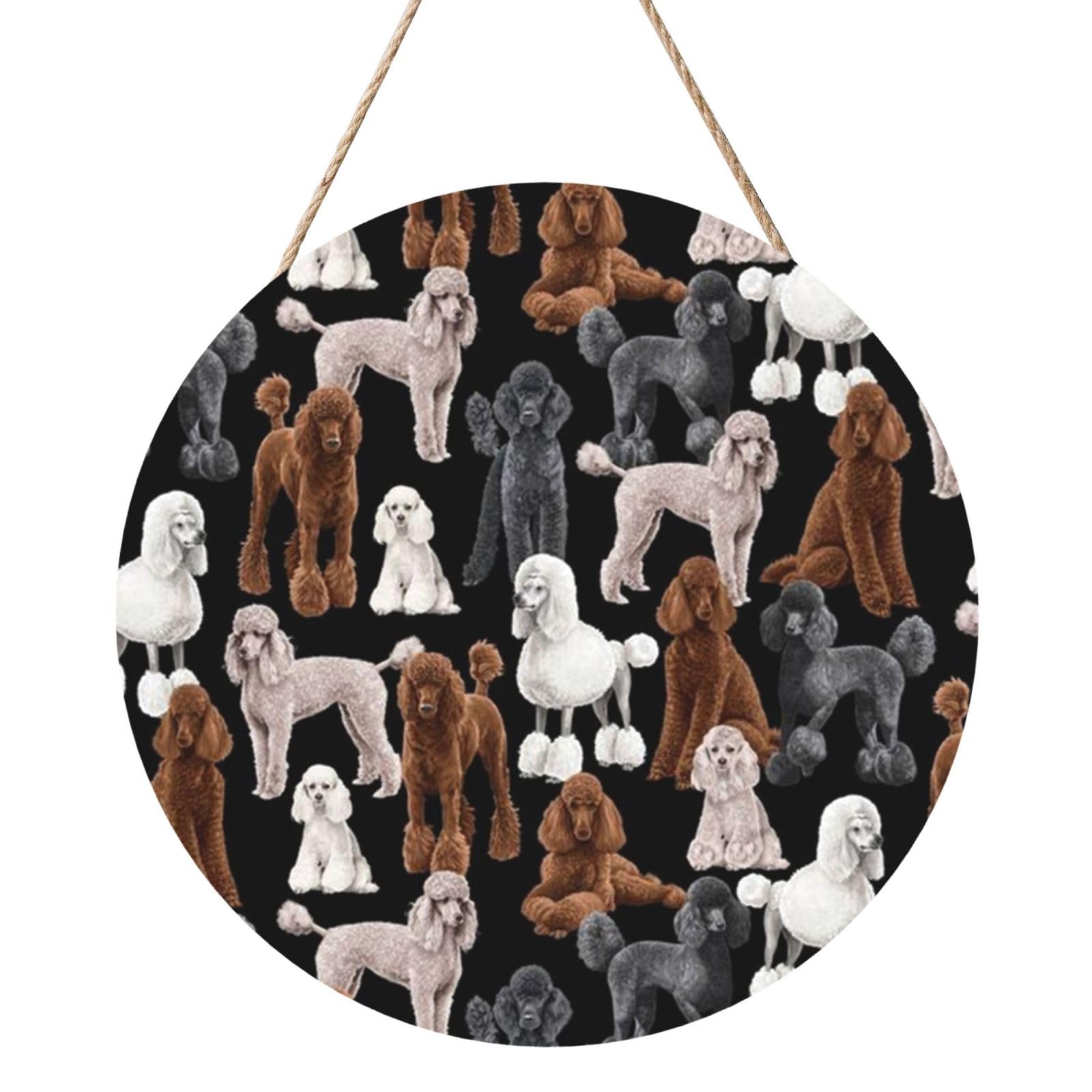InOmak Black Dog With Poodles, Round Wood Panel Painting 12 in, Wall Hanging Painting For Home
