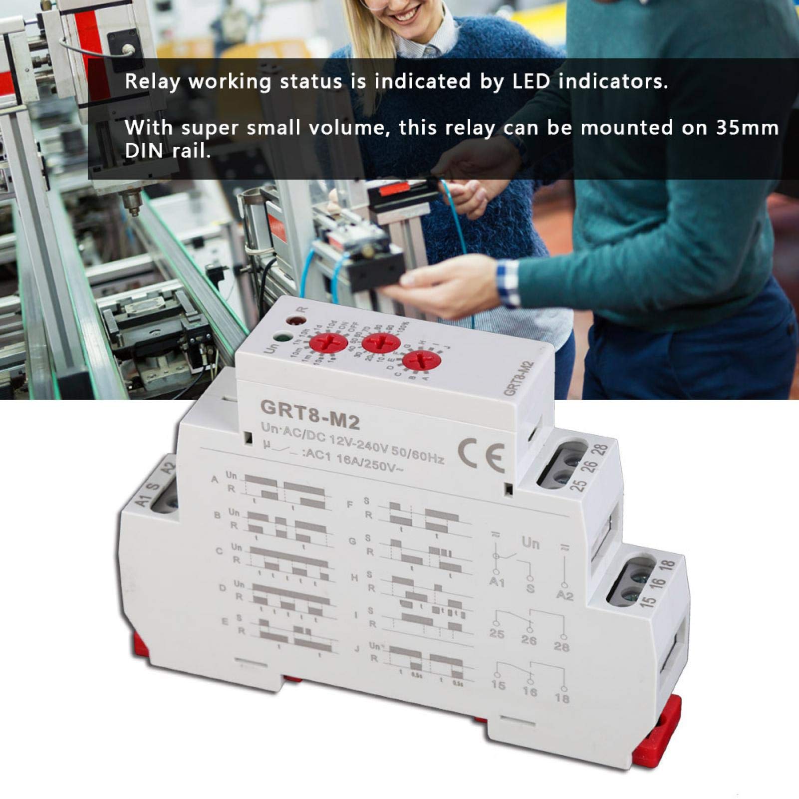 GRT8-M2 Multifunktions-Zeitrelais, AC/DC 12V-240V Verzögerungsrelais mit 10 Funktionen, Hutschienenmontage 35mm, Mini-Abschaltverzögerung Zeitrelais