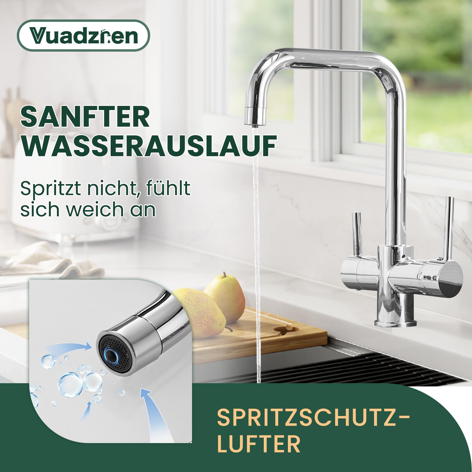 Grifo de cocina de latón de 3 vías, mezclador de dos mandos para montaje en un solo orificio, caño giratorio 360° con función de agua potable (3 en 1), incluye mangueras de conexión G3/8