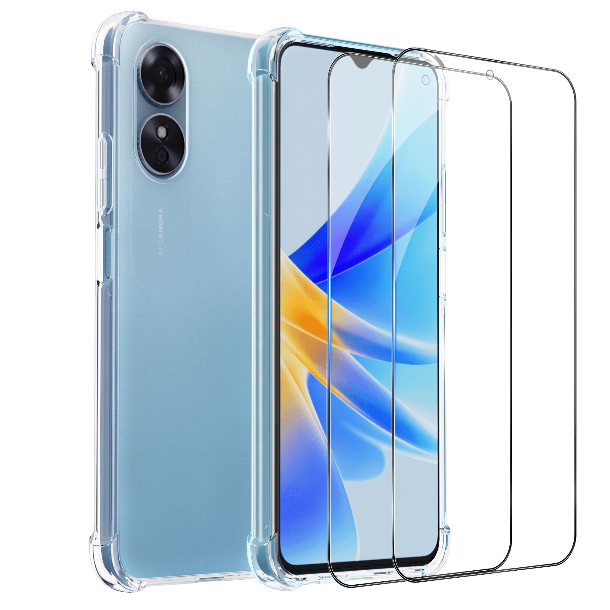 HTDELECCase for Oppo A17 4G Transparent + 2 × Tempered Glass Screen, Soft Silicone Bumper Case Clear TPU Gel Cover with Four Reinforced Corners for Oppo A17 4G