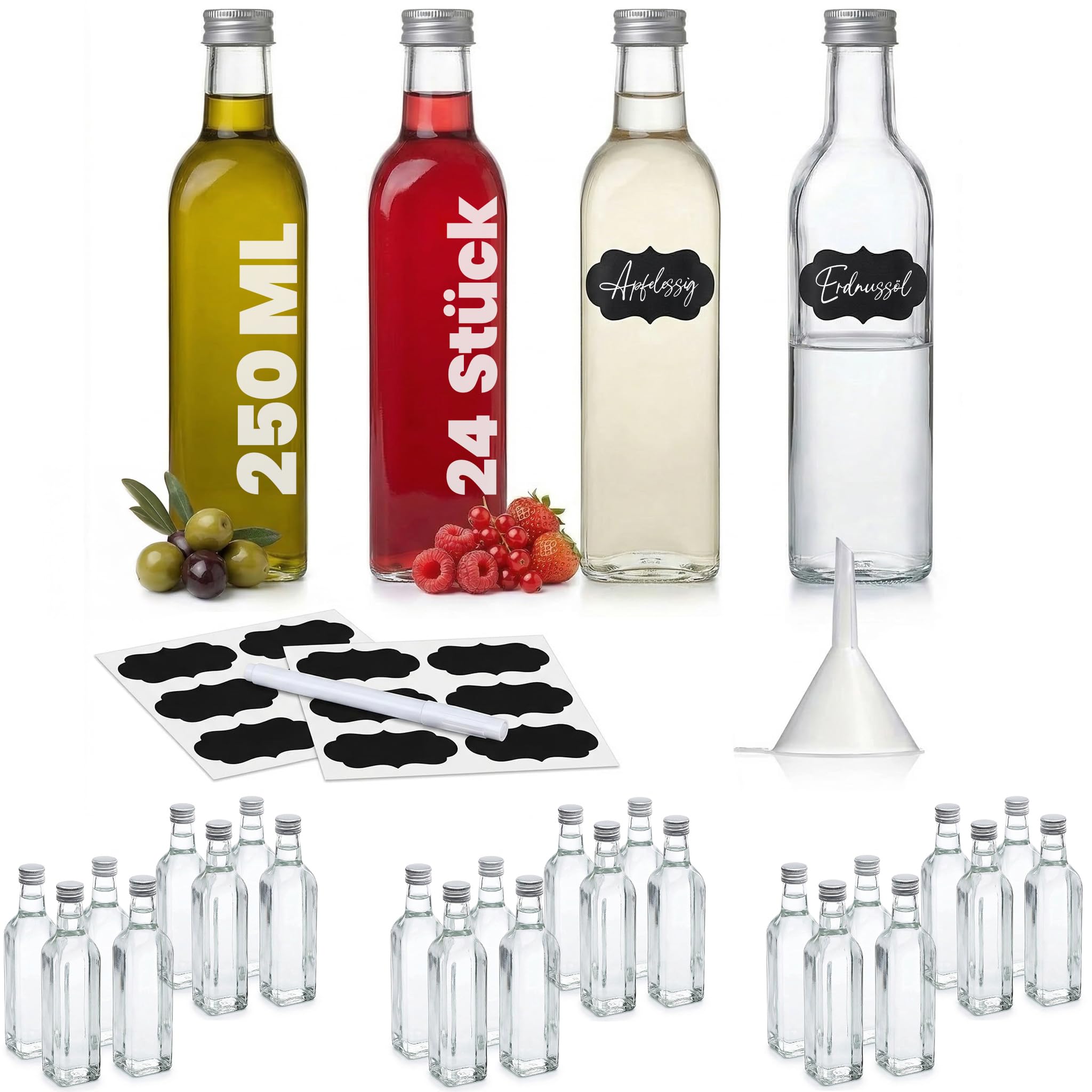 slkfactory 250ml Glass Bottles with Screw Tops 24 Pcs Reusable Twist-Off Lids Airtight Glass Bottle for Home Made Gin Soda Oil Vinegar Juice Water - Maraska with Labels, Pencil, Funnel (24 x 250 ml)