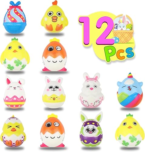 Anboor Paquete de 12 juguetes esponjosos de huevos de Pascua para la caza de huevos de Pascua, juguetes esponjosos de estrés de aumento lento para