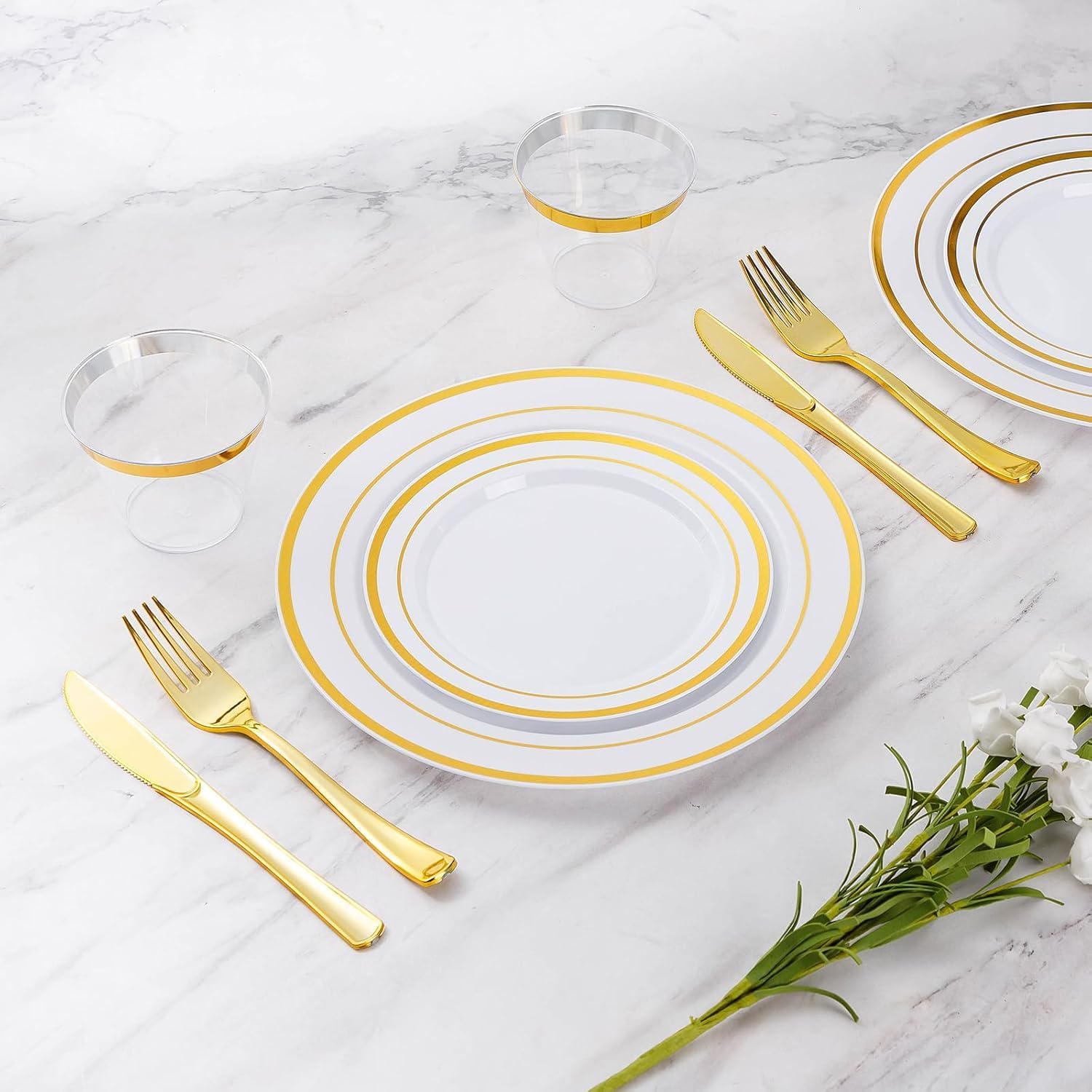 Disposable Dinnerware Set for 50 Guests, 350 Pieces Gold Rimmed Plastic Plates, Cups, Cutlery and Napkins, Party Tableware with Dinner Plates, Dessert Plates, Forks, Knives, Spoons (Gold)