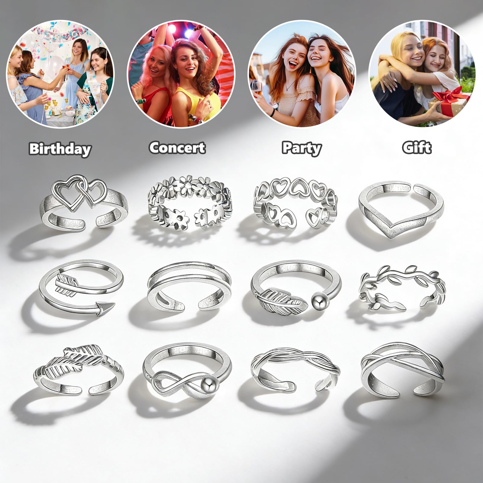 12 Piezas Anillos para el Dedo del Pie Mujer, Anillos de Dedo Ajustables, Anillo de Dedo del Pie Abiertos, Joyería Regalo Amistad San Valentín Día de la Madre, Plata