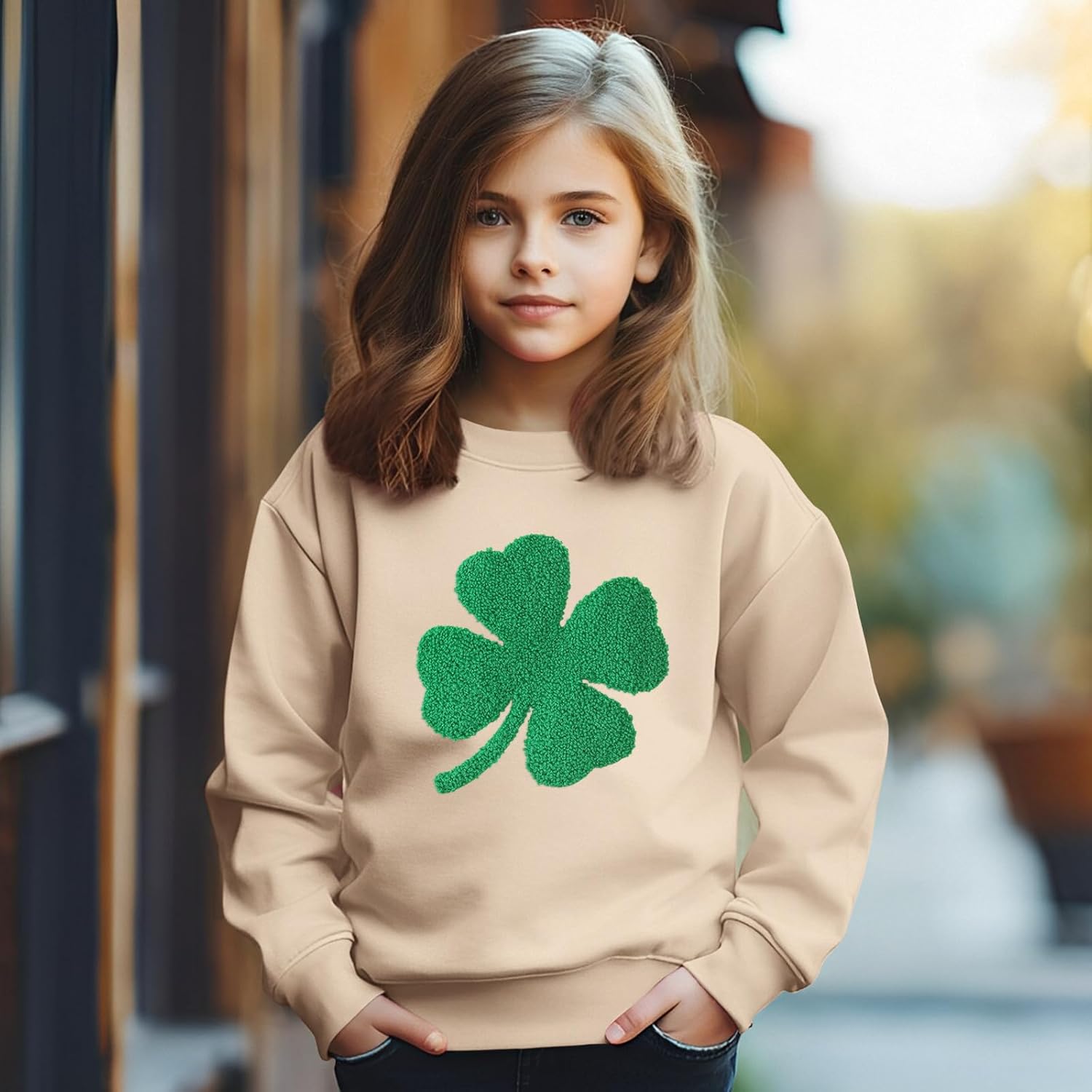 Girls St. Patrick's Day Sweatshirt Shamrock Lucky Clover Long Sleeve Outfit Shirt Chenille Patch Irish Pullover Top - Image 2