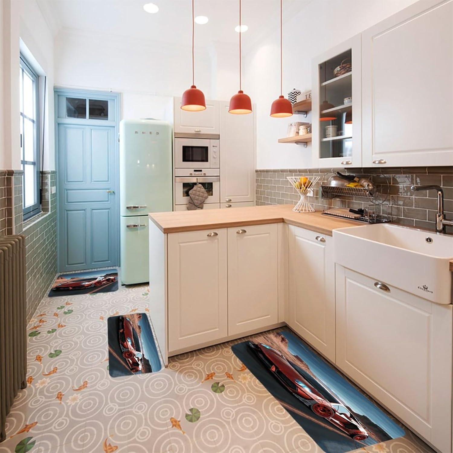 Red Race Car Kitchen Mats Soft Absorbent Rugs for Floor Non Slip Washable Kitchen Mats Fashion Rectangular Rugs for Three-Piece Set for Laundry Office Home Sink