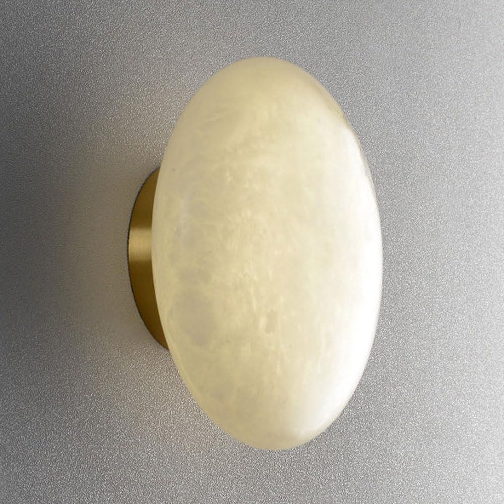 JISHUBO 7.8 Inch Round Alabaster Wall Light, Modern Industrial Style Wall Lamp, Marble Hardwired Indoor Wall Sconce, Bedroom Living Room Corridor Wall Mounted Lighting Fixtures