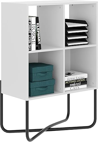 Techni Mobili Estantería moderna geométrica de madera baja, estante organizador de almacenamiento de cubos blancos de 2 niveles, fácil de montar,