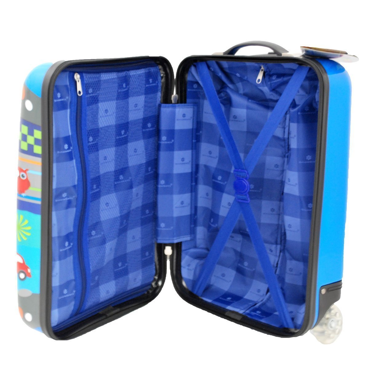 Snowball | Valise Enfant imprimé Chouettes Voitures | Bagage Cabine garçon Petit Format 2 Roues en Polycarbonate | 27L | 32 x 48 x 20 cm | Coloris Bleu