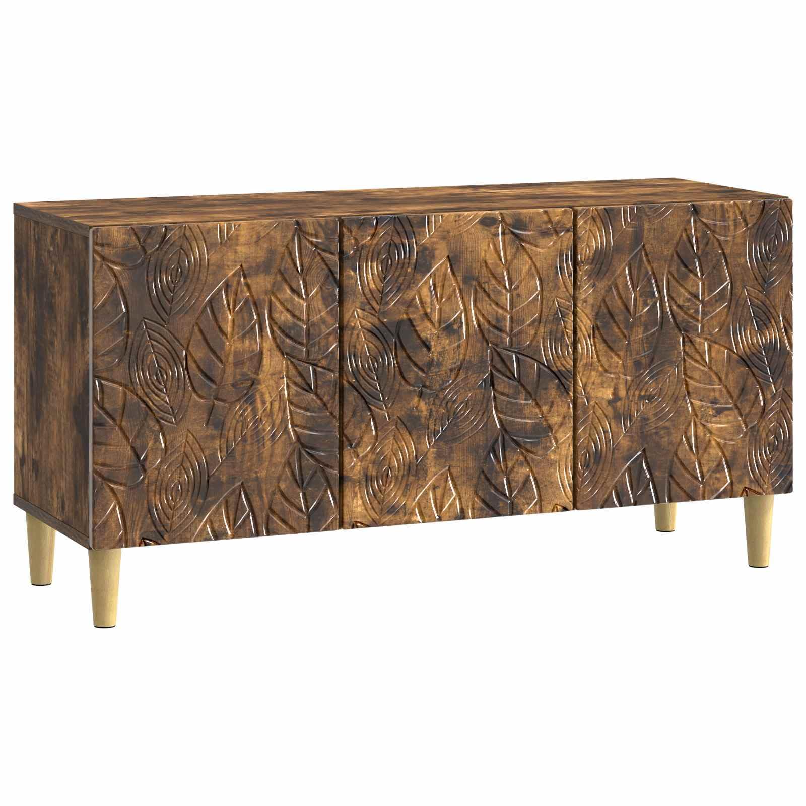 Meuble TV chêne fumé 99cm avec 3 portes battantes et pieds bois massif