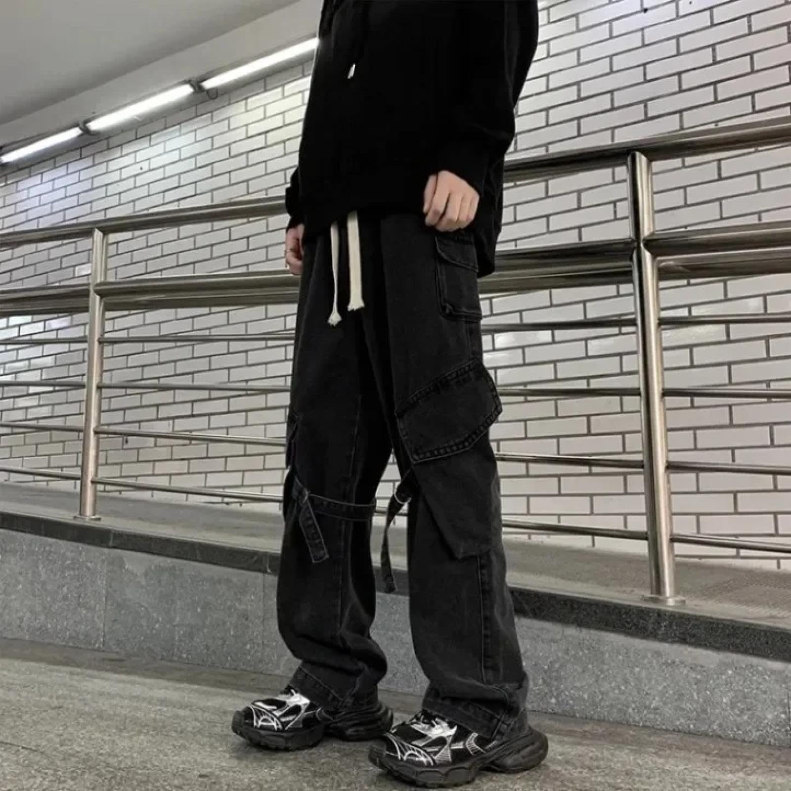 Jeans Pantalon Herren-Jeans Mit Mehreren Taschen Locker Gerade Weit Beine Lange Hosen Mit Weiten Belägen