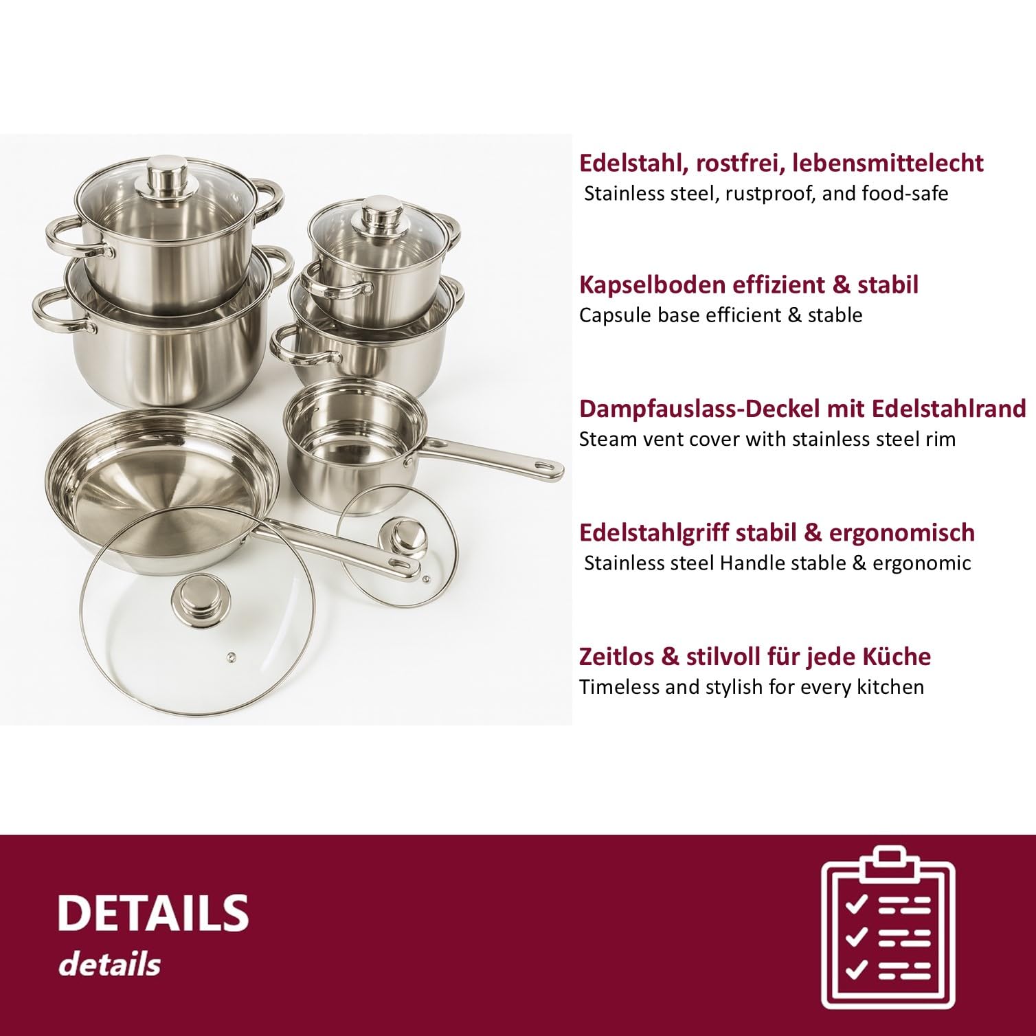 Edelstahl Topfset 12-teilig mit Glasdeckeln, induktionsgeeignet – stapelbares Kochtopf-Set mit Kapselboden für alle Herdarten, kleine Küchen, WG & Camping