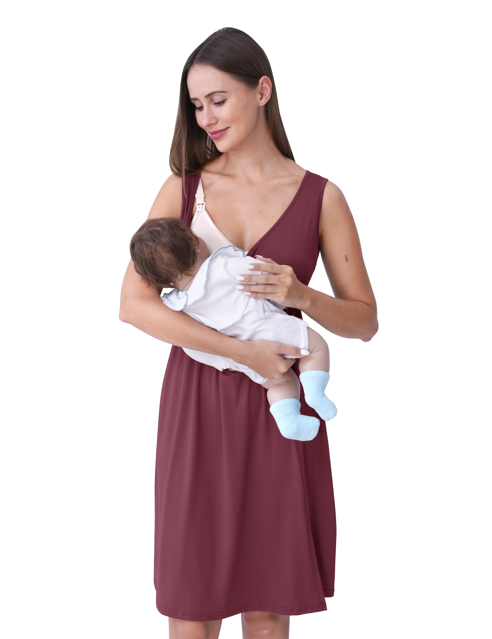 SUNNYBUY Chemise de nuit de grossesse et d'allaitement avec robe de chambre 2 pièces | Robe de nuit de grossesse 3 en 1 pour naissance, puerpéralité et allaitement, vêtement de nuit d'hôpital, rouge