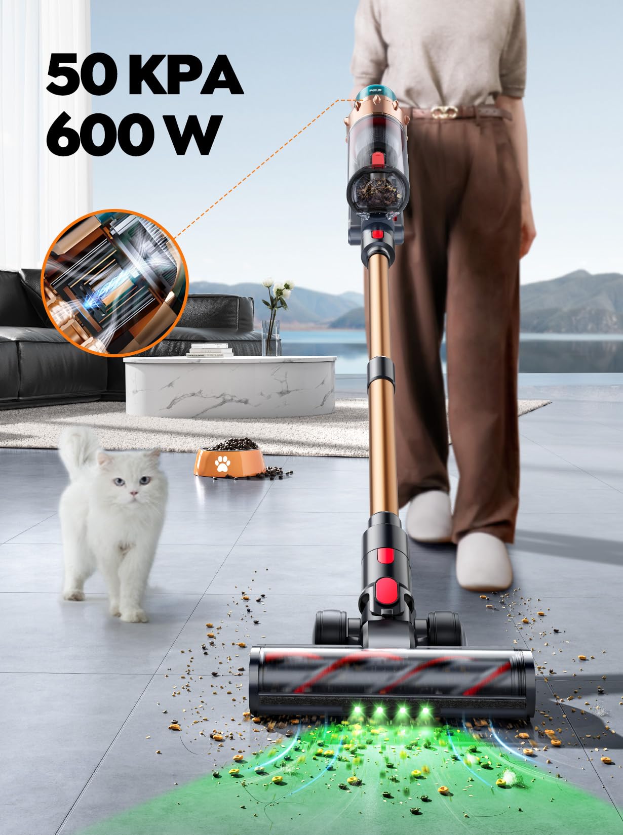 SMOTURE Kabelloser Staubsauger, 600-W-Motor, 50 kPa Saugleistung, kabelloser Stabstaubsauger mit 65 Minuten Laufzeit, LED-Touchscreen, kabelloser Staubsauger für Hartböden/Teppiche/Tierhaare