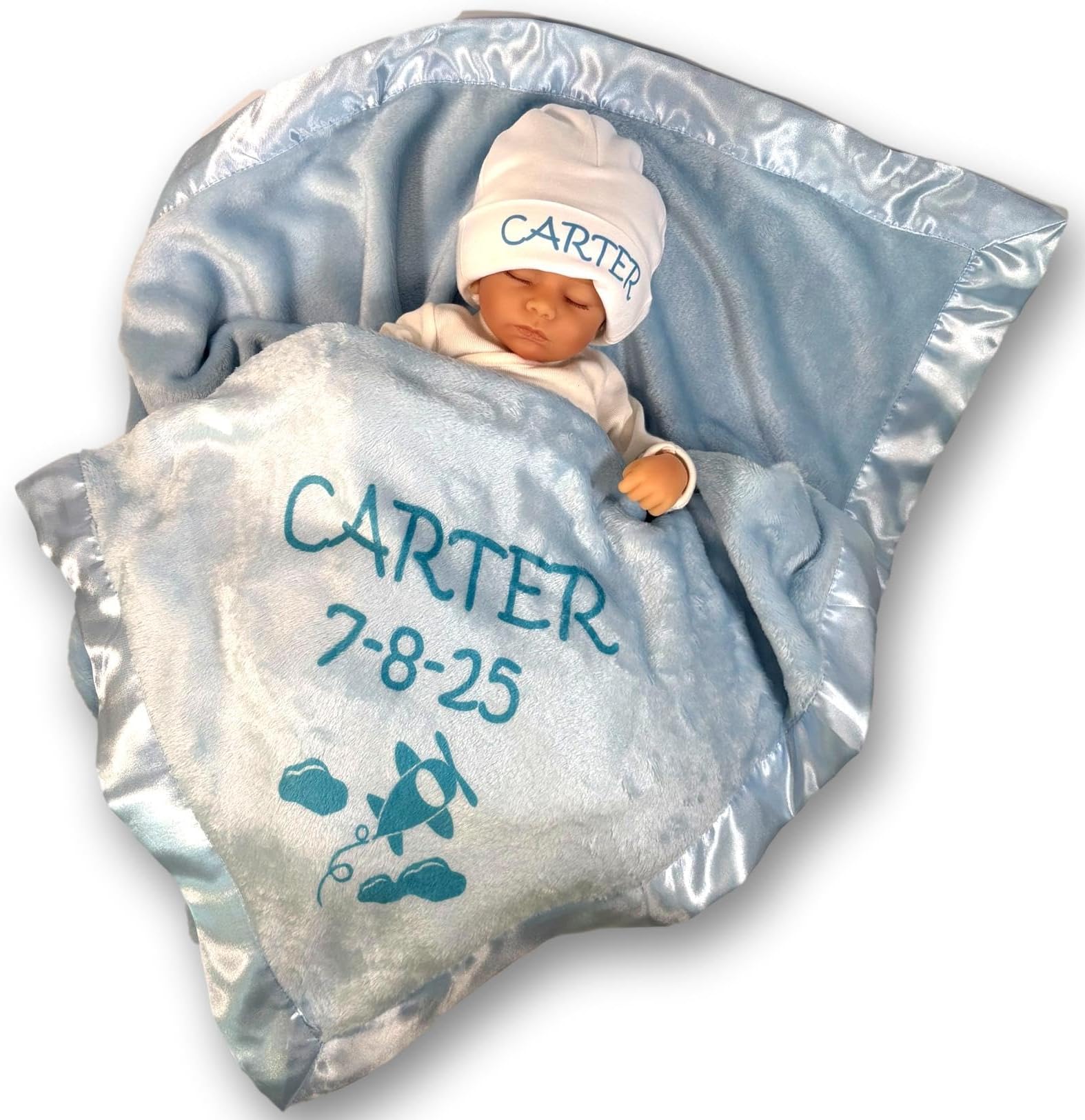 Custom Catch Ships Next Day from Vermont - Personalized Airplane Baby Blanket - Boy Name Gift - Blue or Pink (2 Text Lines)