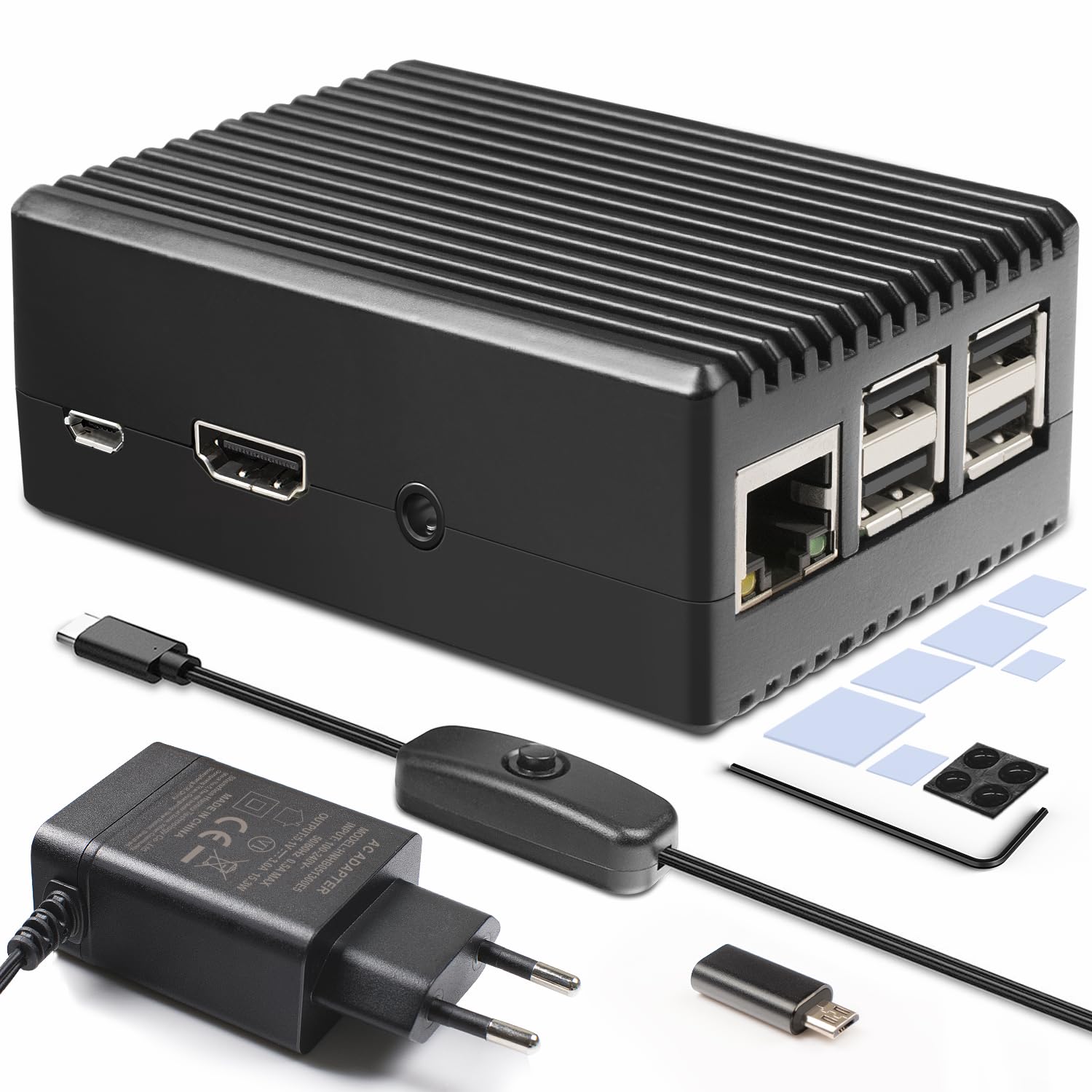 Raspberry Pi 3 B+ Gehäuse mit Netzteil Raspberry Pi 3B Gehäuse Aluminium Passiv Kühlung Case mit 5.1V 3A Micro Adapter mit USB C Netzteil mit EIN/AUS-Schalter Kompatibel mit Raspberry Pi Modell 3b+