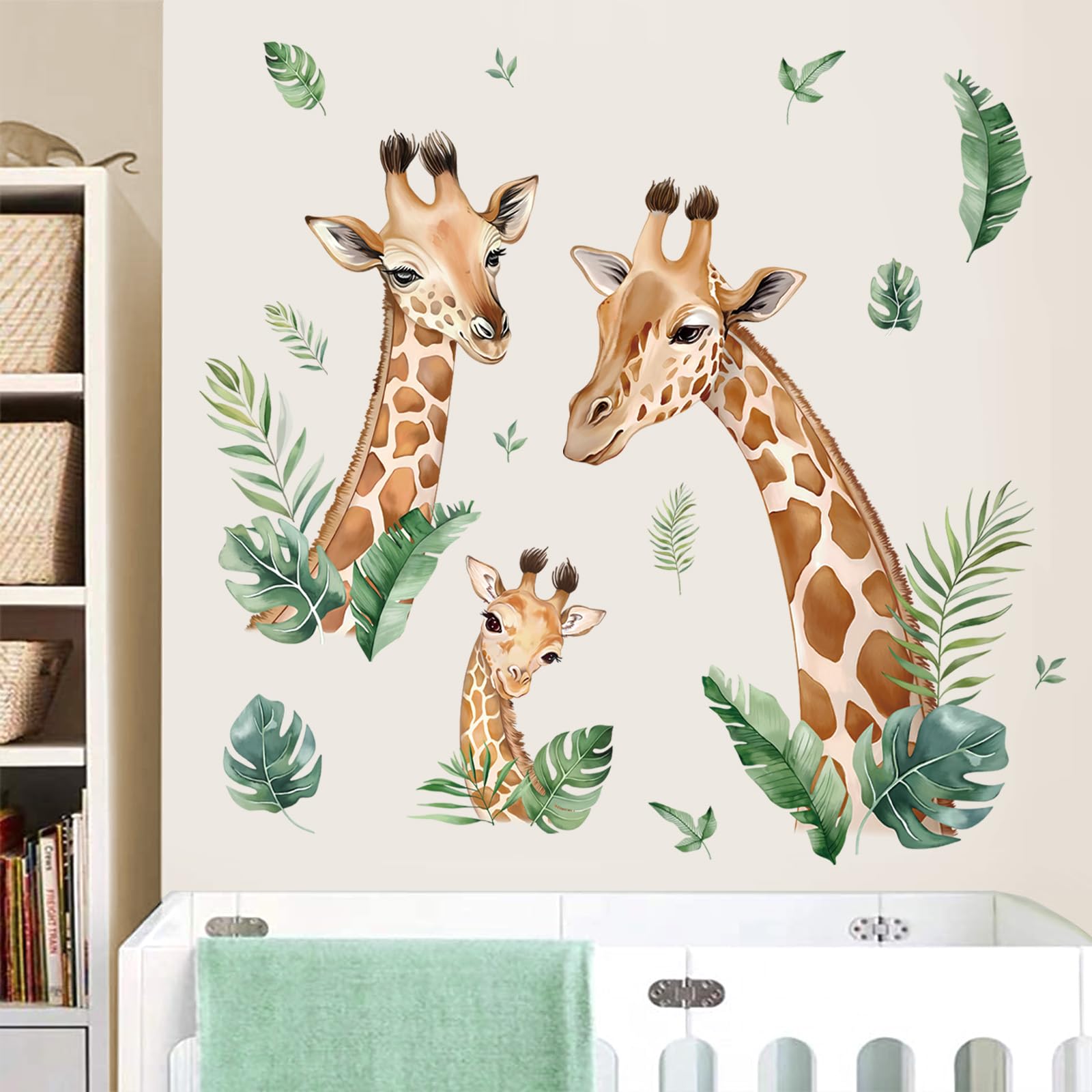 wondever Giraffe Family Wall Decals Tropical Leaves Peel and Stick Wall Art Stickers for Living Room Bedroom Nursery Children's Room - Image 3