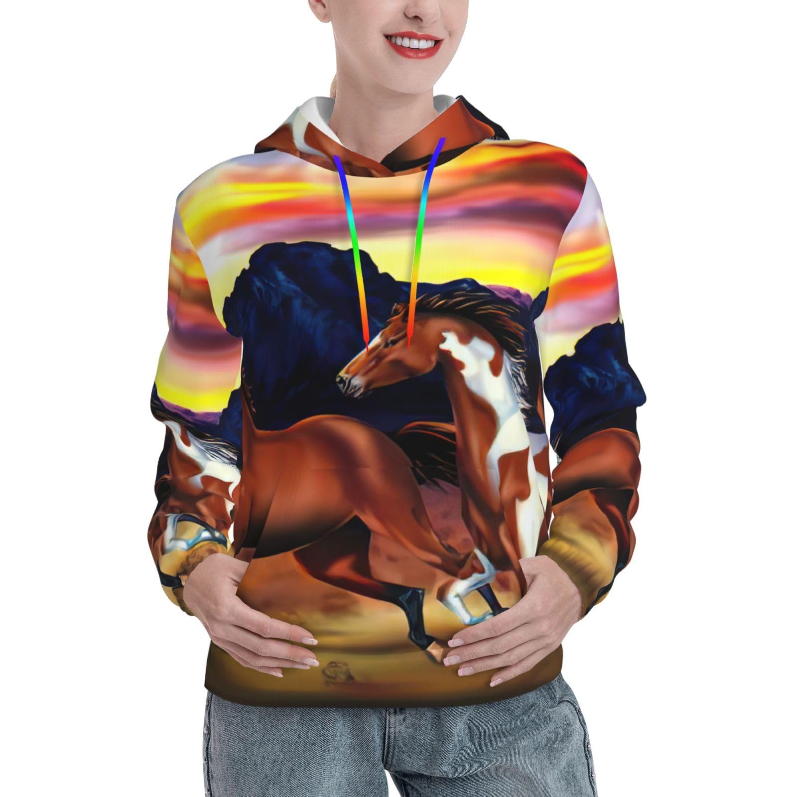 Sweat à capuche femme imprimé chevaux de course pull ajusté EdWal - 8