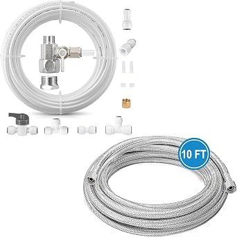 Refrigerator Water Line Kit - Food Grade Fridge Ice Maker Water Installation Kit,1/4 In O.D. 25 FT Water Tubing with Feed Water Adapter + 10FT Premium Stainless Steel Braided Ice Maker Water Hose