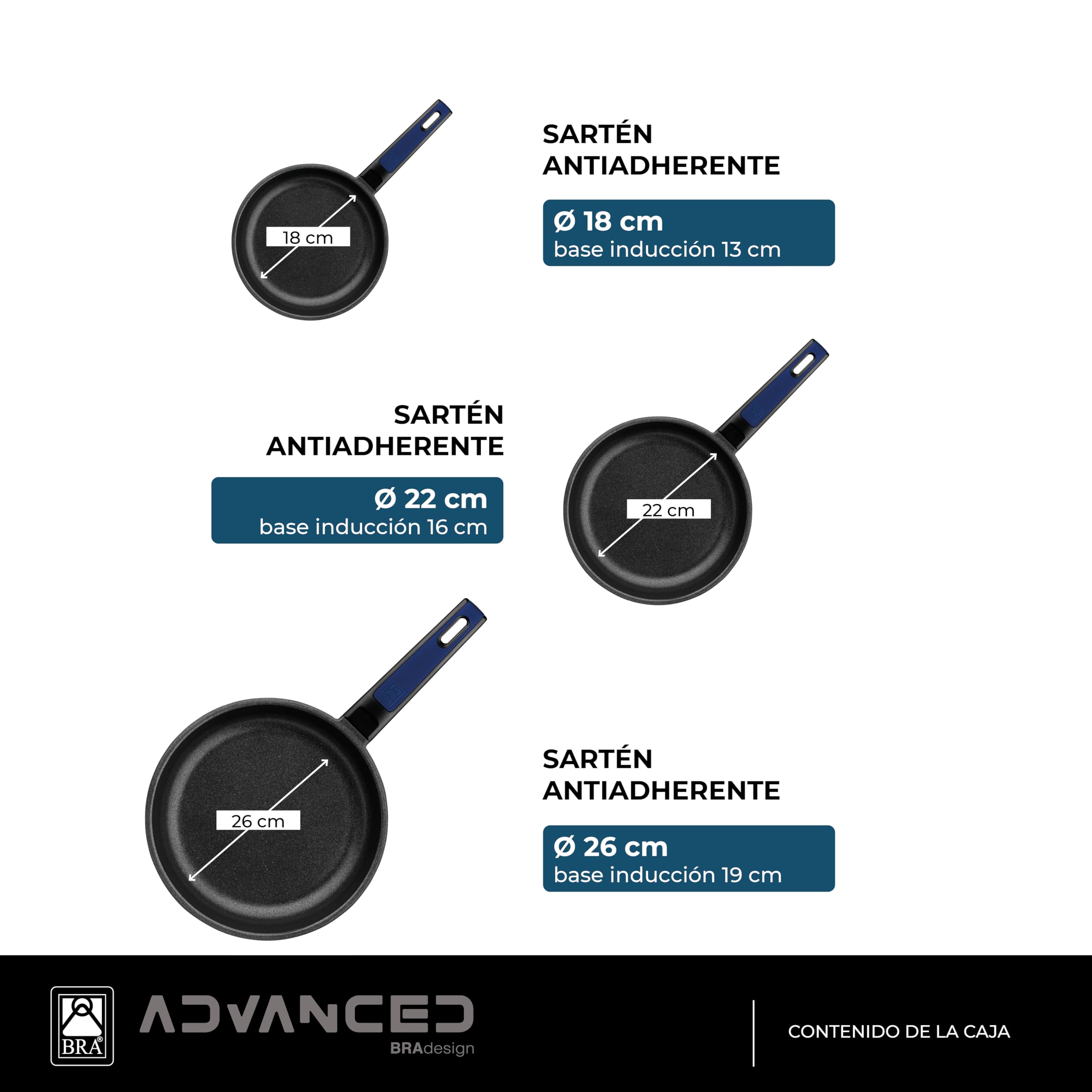 BRA Advanced | Set de sartenes, aluminio fundido antiadherente sin PFOA, de rendimiento superior, resistencia a los arañazos y a la abrasión, apta para Inducción, Negro 18|22|26 cm