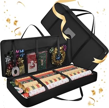 Wrapping Paper Storage Bag With Adjustable Compartments, 82x13x34cm Christmas Ribbon Organizer Box, Zippered Waterproof Dustproof Gift Wrap Containers for Party Decorators, Ribbons, Bows, Tapes, Cards