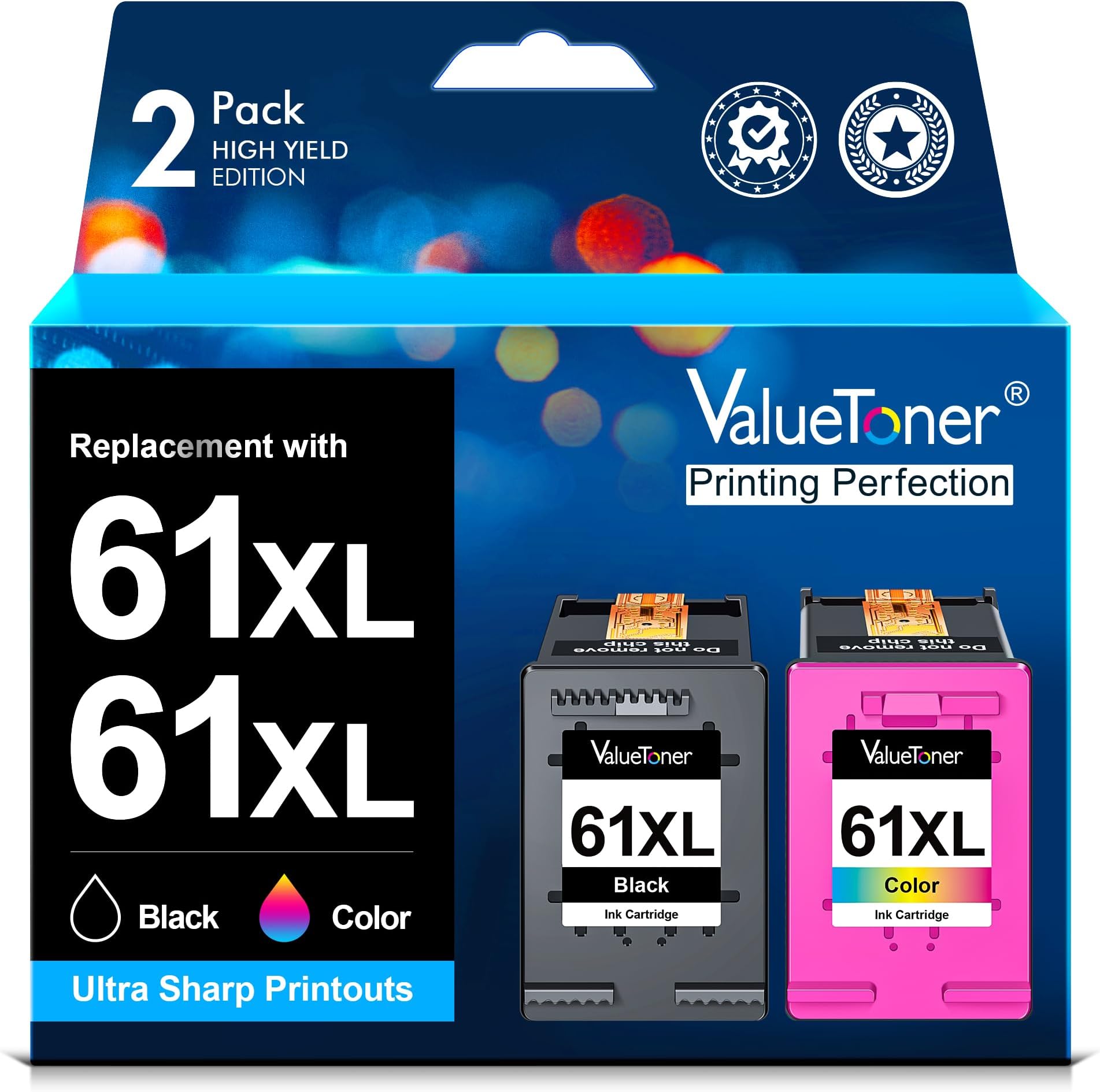 Valuetoner 61XL Ink Cartridges Replacement for HP 61 Ink Cartridge Combo Pack 61XL Works with HP Envy 4500 4502 5530 Deskjet 2540 3510 OfficeJet 4630 Printer (1 Black, 1 Tri-Color, 2-Pack)