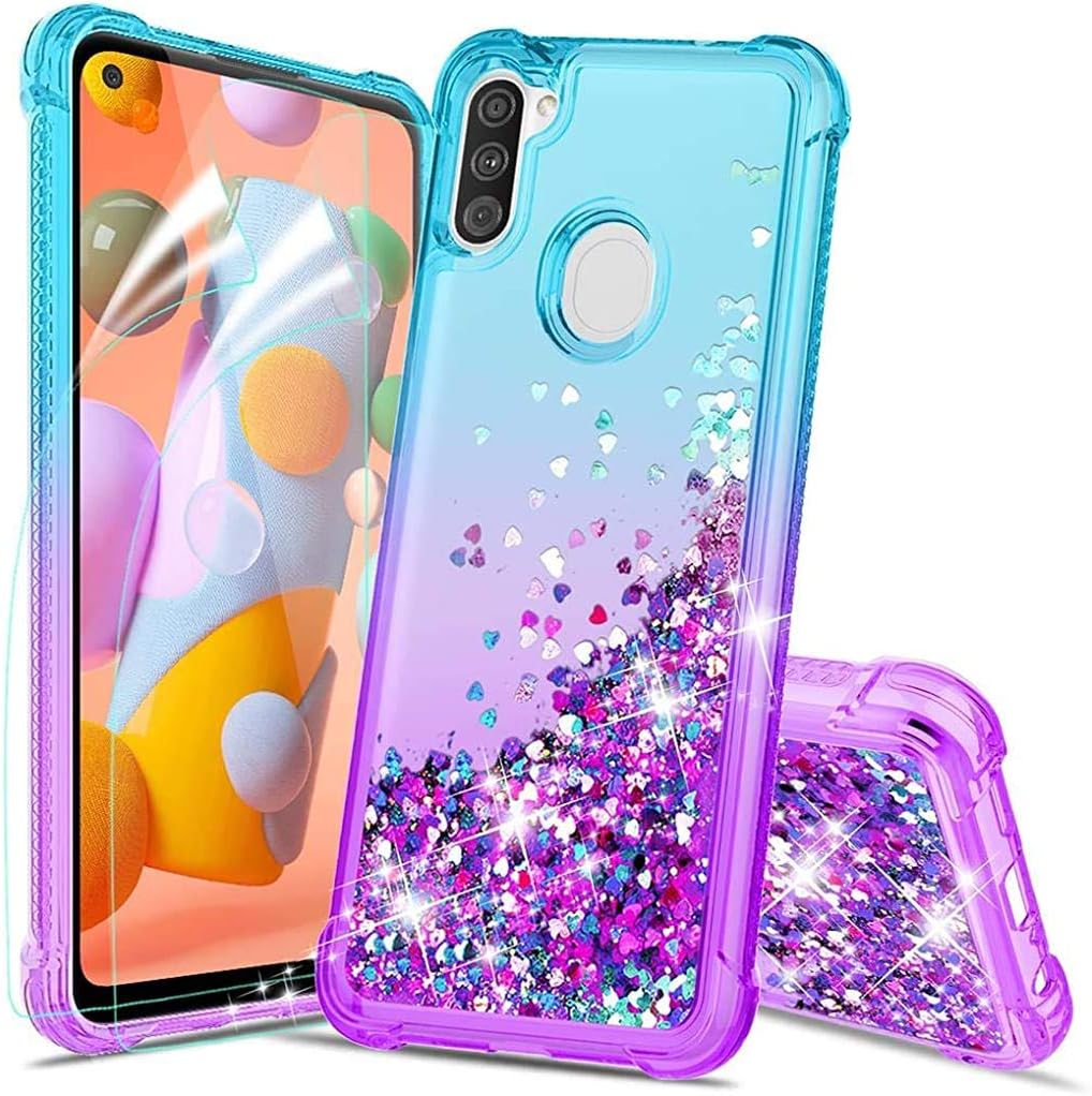 Donse Samsung Galaxy A11 Case, Samsung A11 Phone Case w/Screen Protector[2-Pack],Durable Cute Sparkle Glitter Bling Liquid Quicksand Shockproof Protective Cover for Girls Women-Teal/Purple