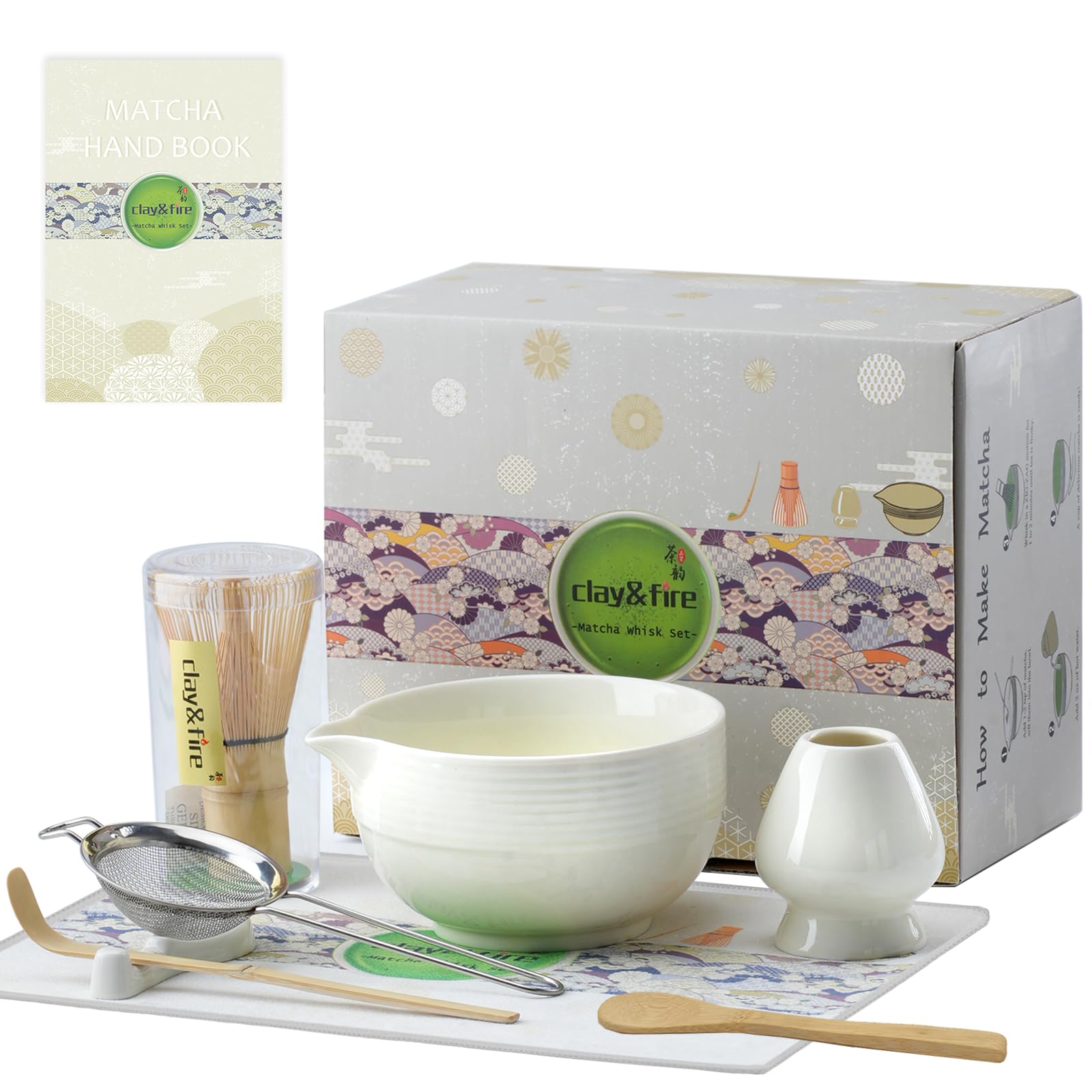 Clay Fire Matcha Whisk Set Ceramic Matcha Set Matcha Bowl with Spout and Whisk 9 pcs Matcha Tea