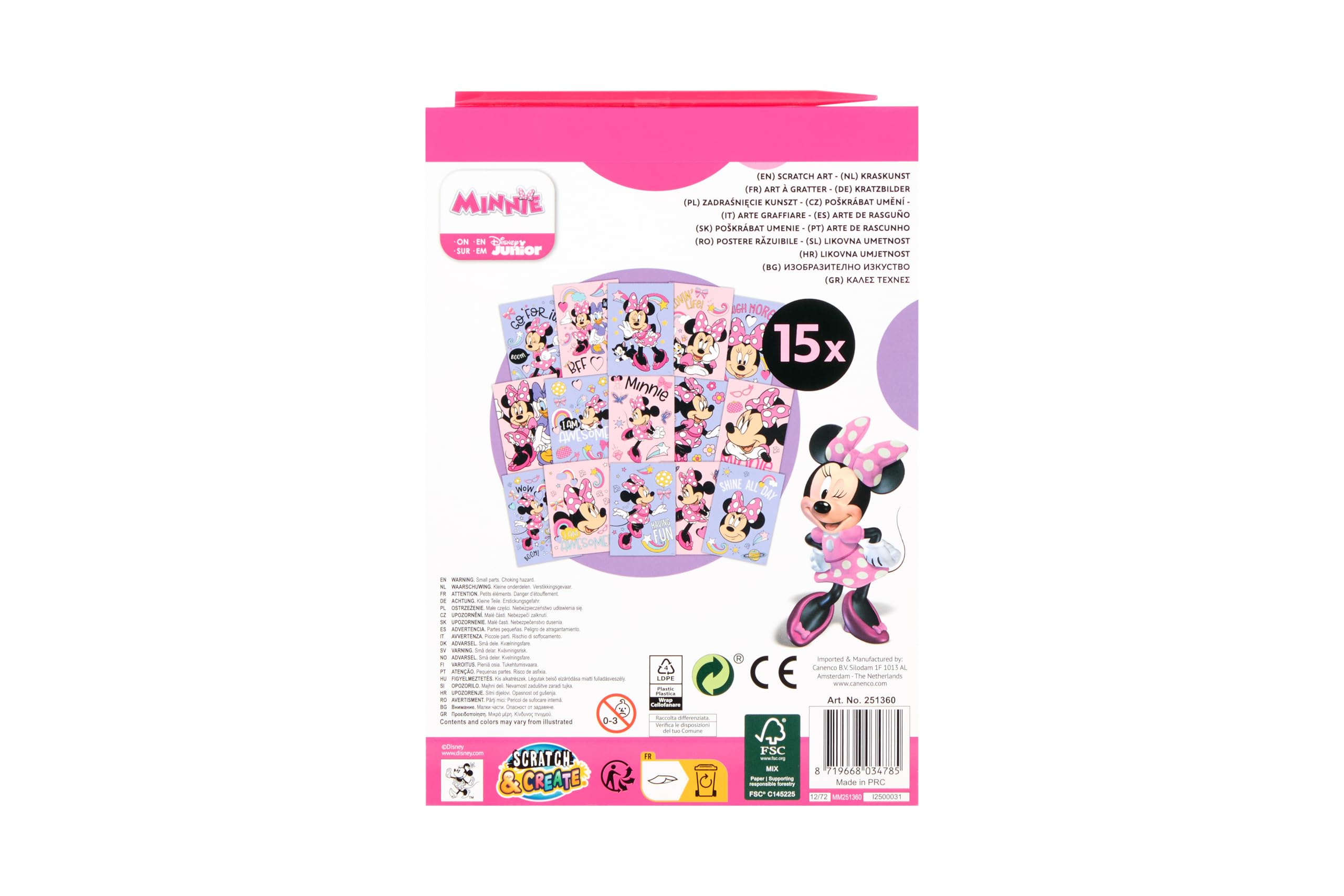 Disney Minnie Mouse Obrazki do zdrapywania książka A5 dla dzieci, zestaw z 15 motywami, w zestawie drewniany pisak do drapania, efekt tęczy, kreatywny zestaw od 3 lat