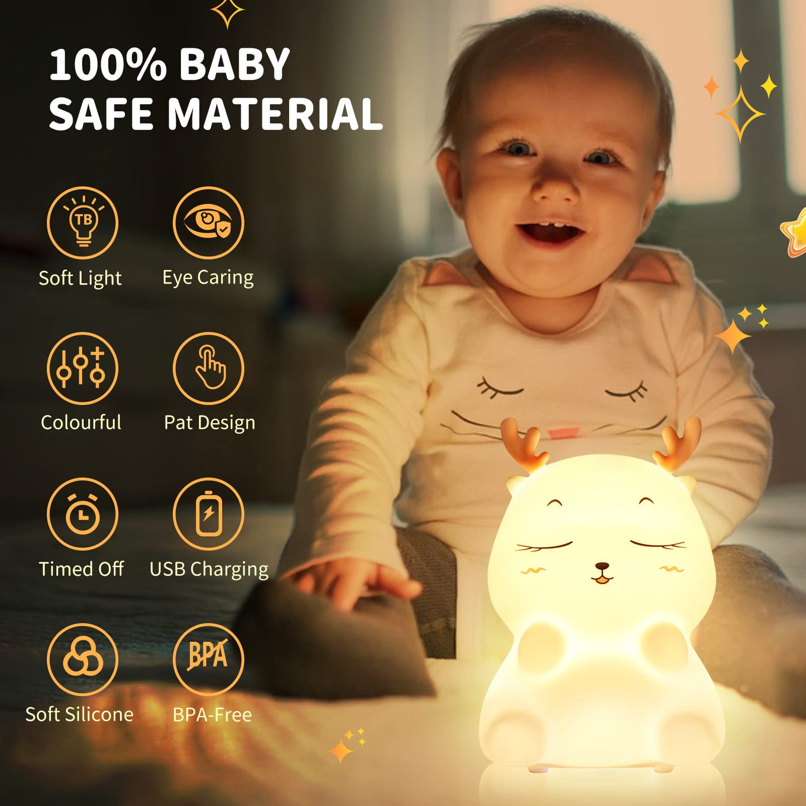 Diboniur Lampka nocna dla dzieci z akumulatorem lampka nocna, 7 kolorów LED lampka nocna dla dziewczyn, silikonowa lampka nocna dla dzieci dorosły dekoracja sypialni noworodka (jeleń)