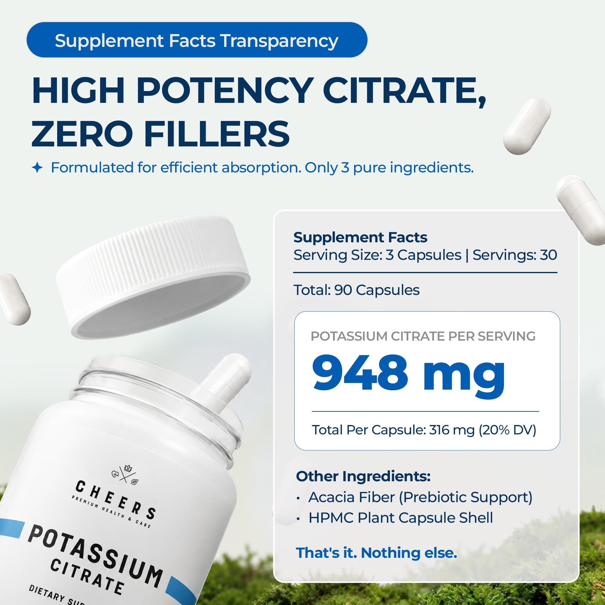 Cheers Potassium Citrate Electrolyte Supplement, 948mg Vegan - 90 Capsules — Amazon image 2