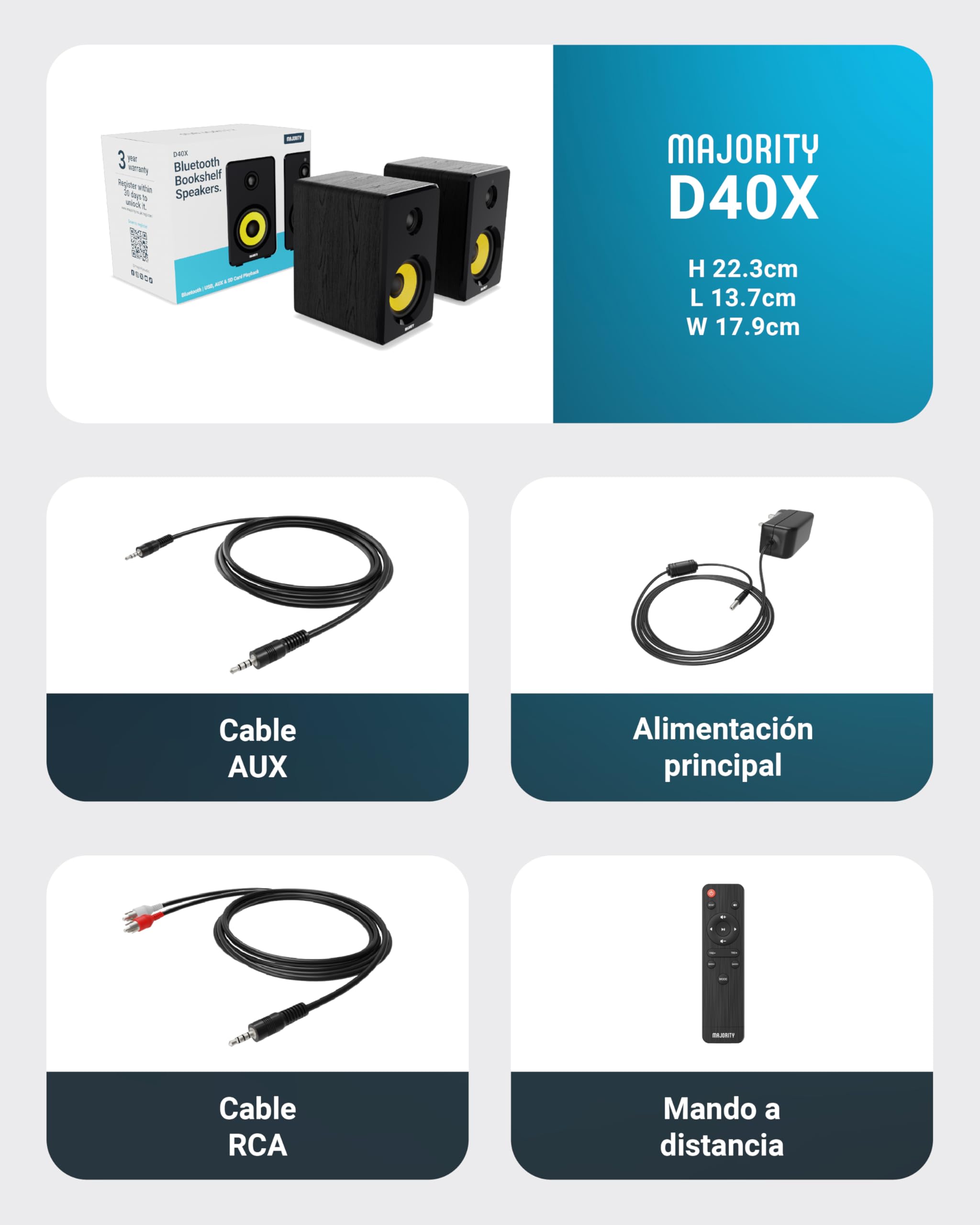 MAJORITY D40X Altavoces Autoamplificados | Bluetooth Monitores de Estudio | 70W Cono de Kevlar Altavoces HiFi | Activos Altavoz Professional con Entrada Óptica, USB y AUX | Mando a Distancia