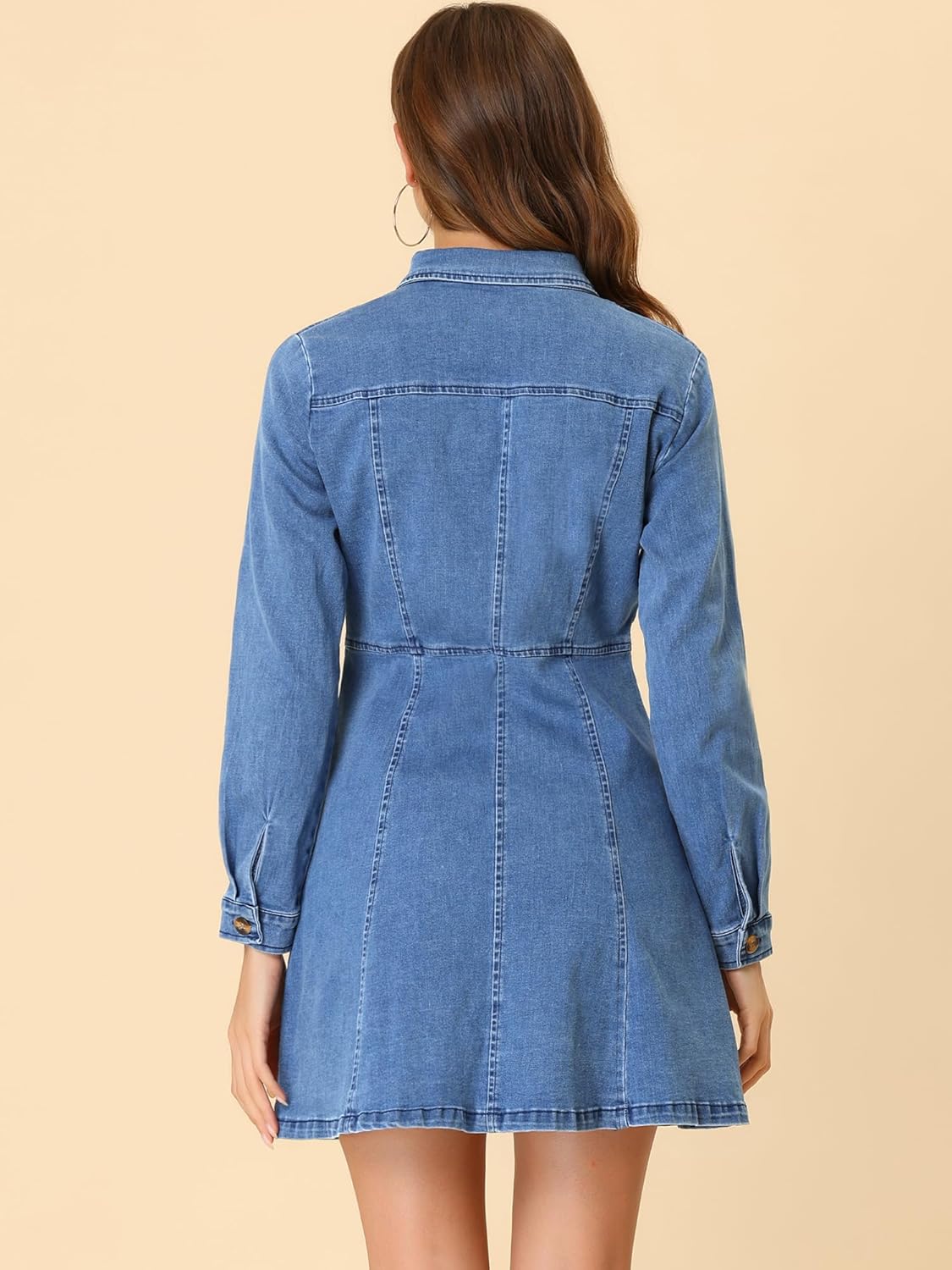 Allegra K Women’s Denim Dress Button Down Collar V Neck Long Sleeve A-line Cotton Jean Dress