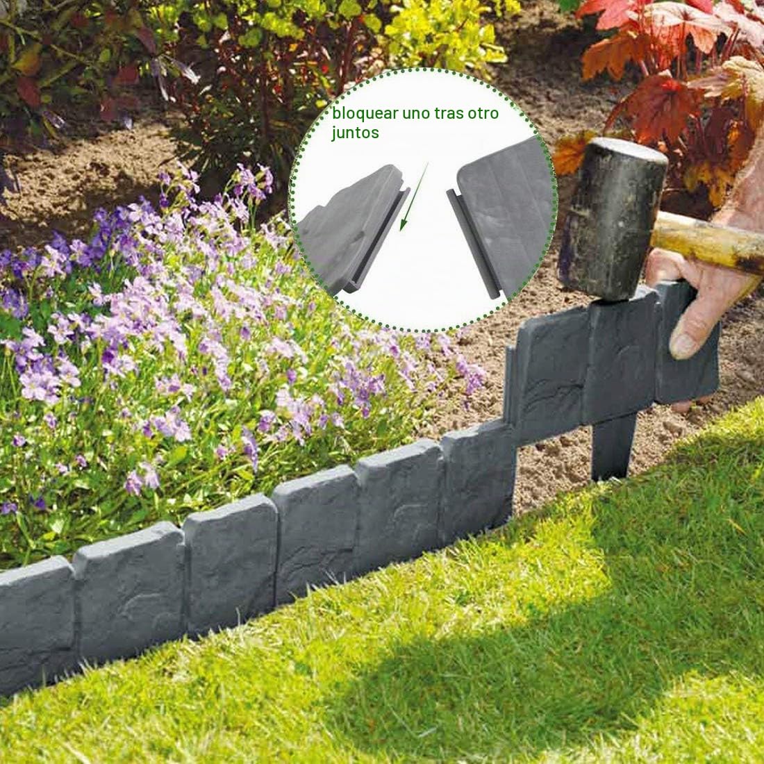 Forever Speed Borde de Jardín Efecto de Piedra 12.5M Borde de Piedra Jardín Patio Decoración Valla de jardín 50pcs Valla Bordes Gris