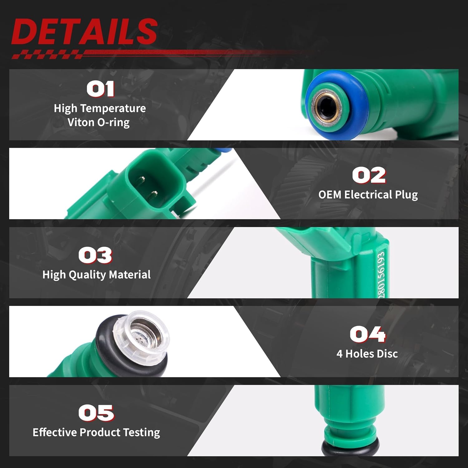 Fuel Injectors fits for/Mazda 3 2004 2005 2.3L L4, for/Mazda 5 2006 2007 2.3L L4, for/Mazda 6 2003 2004 2005 2.3L L4 OE Replacement 0280156193 ‎FJ831 84212320, 4PCS