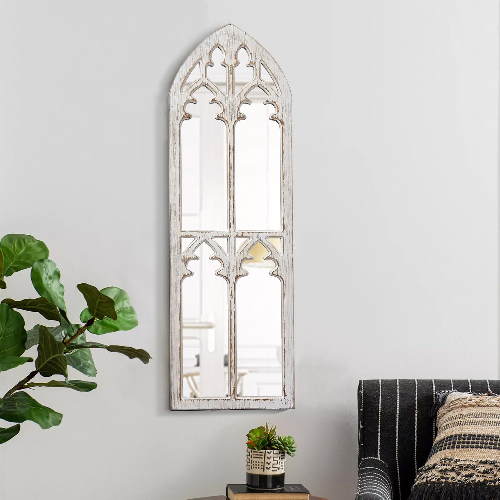 Sintosin Farmhouse Wood Frame Arched Window Mirror 12 x 38 inches, Hanging Distressed White Rustic Cathedral Hallway Mirrors for Wall, Decorative Long