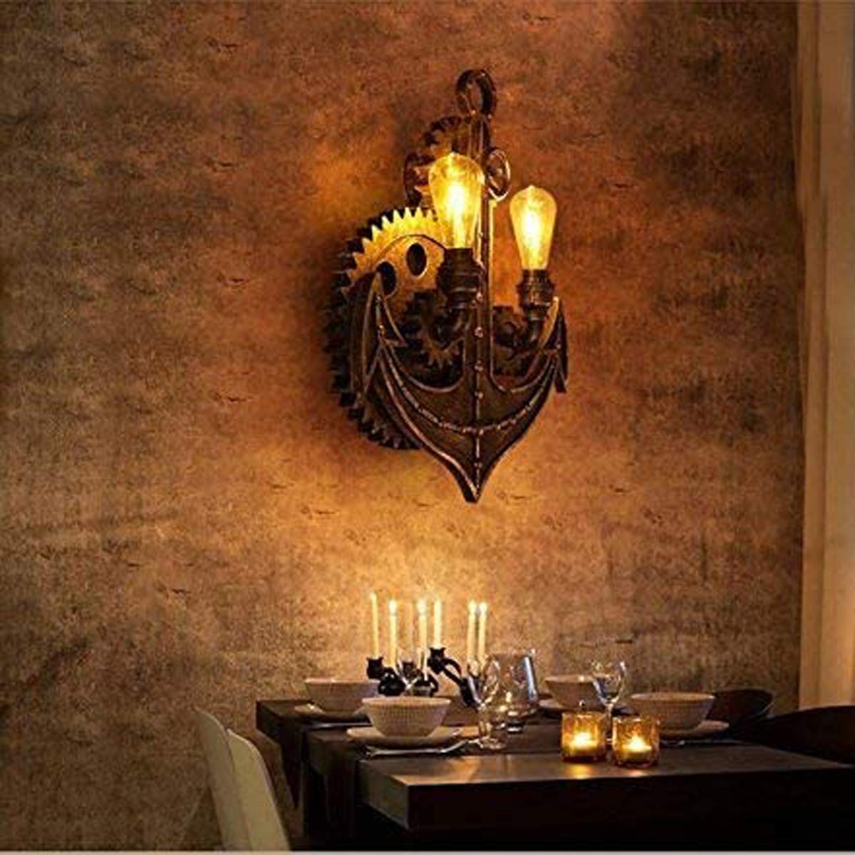 WXKAGF Lampada da Parete Stile Industriale retrò Loft personalità Creativa Soggiorno Caffetteria Ristorante Soggiorno Bar Ancoraggio Ingranaggio in Ferro battuto E27 2 Lampadine Luci Decorative (47 *