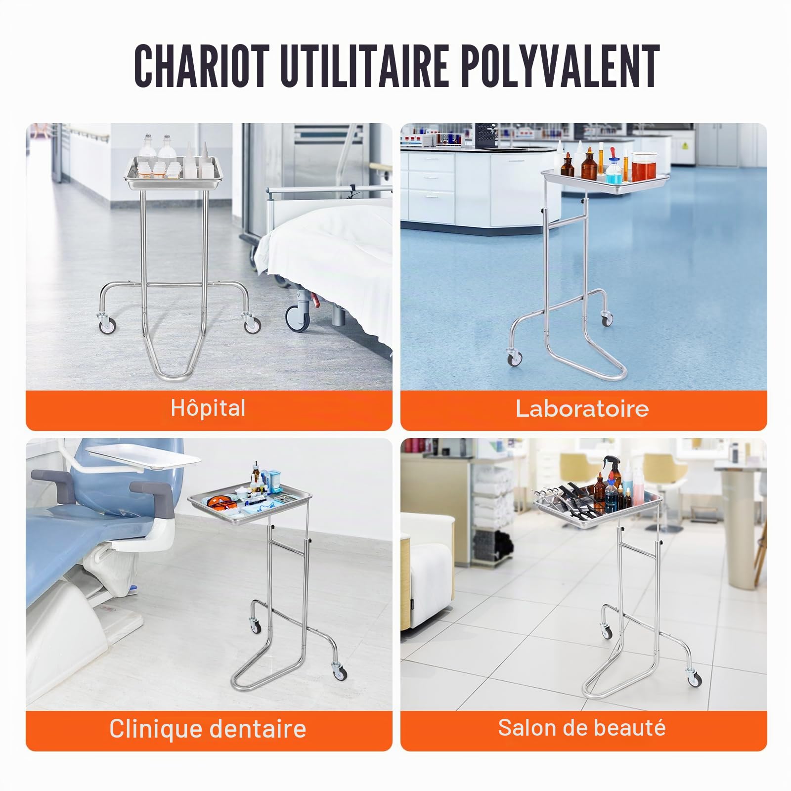 VEVOR Chariot de Laboratoire en Acier Inoxydable, Chariot Médical Mobile avec Plateau Unique, Chariot Utilitaire Hauteur Réglable, avec 2 Roues Silencieuses, pour Laboratoire, Clinique, Hôpital, Salon