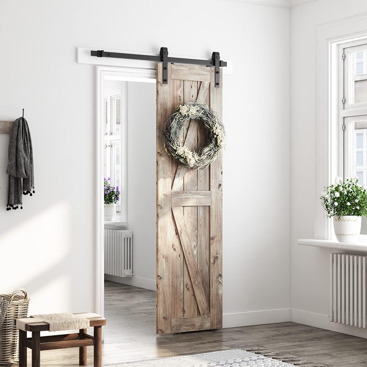 SMARTSTANDARD 4FT Sliding Barn Door Hardware Kit, Heavy Duty Track -Smoothly and Quietly-Includes Detailed Installation Instruction Fit 24" Wide Doorpanel (J Shape Hanger) Black