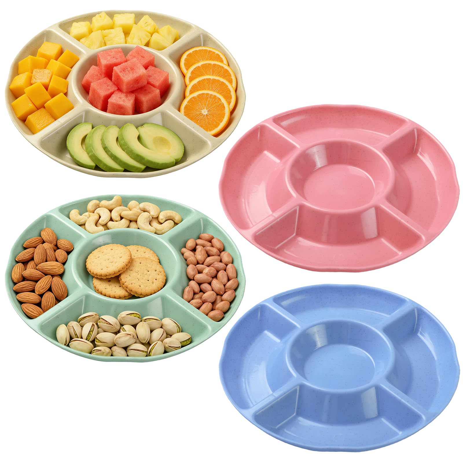 Kryndle 4 Pack Serving Platter, 5 Compartment Plastic Snack Tray, Reusable Plastic Snack Tray for Snacks, appetizers, Fruits, Desserts, Vegetables