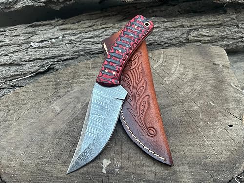 SOGO KNIVES Cuchillo de caza de hoja fija de Damasco con funda, el mejor cuchillo de caza para hombres con mango antideslizante, cuchillo de