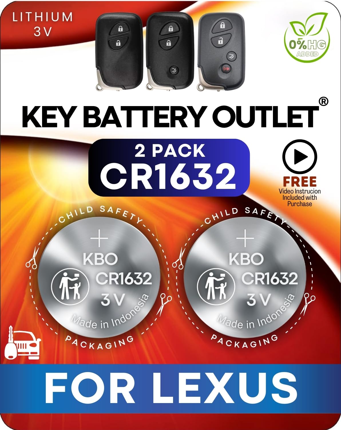 Key Fob Batteries for Lexus (2-Pack) CR1632 -Lexus RX350 (07-15), GX460 (10-20), ES350 (07-12), IS250/350 (06-13), CT200h (11-17), LS460 (07-17),