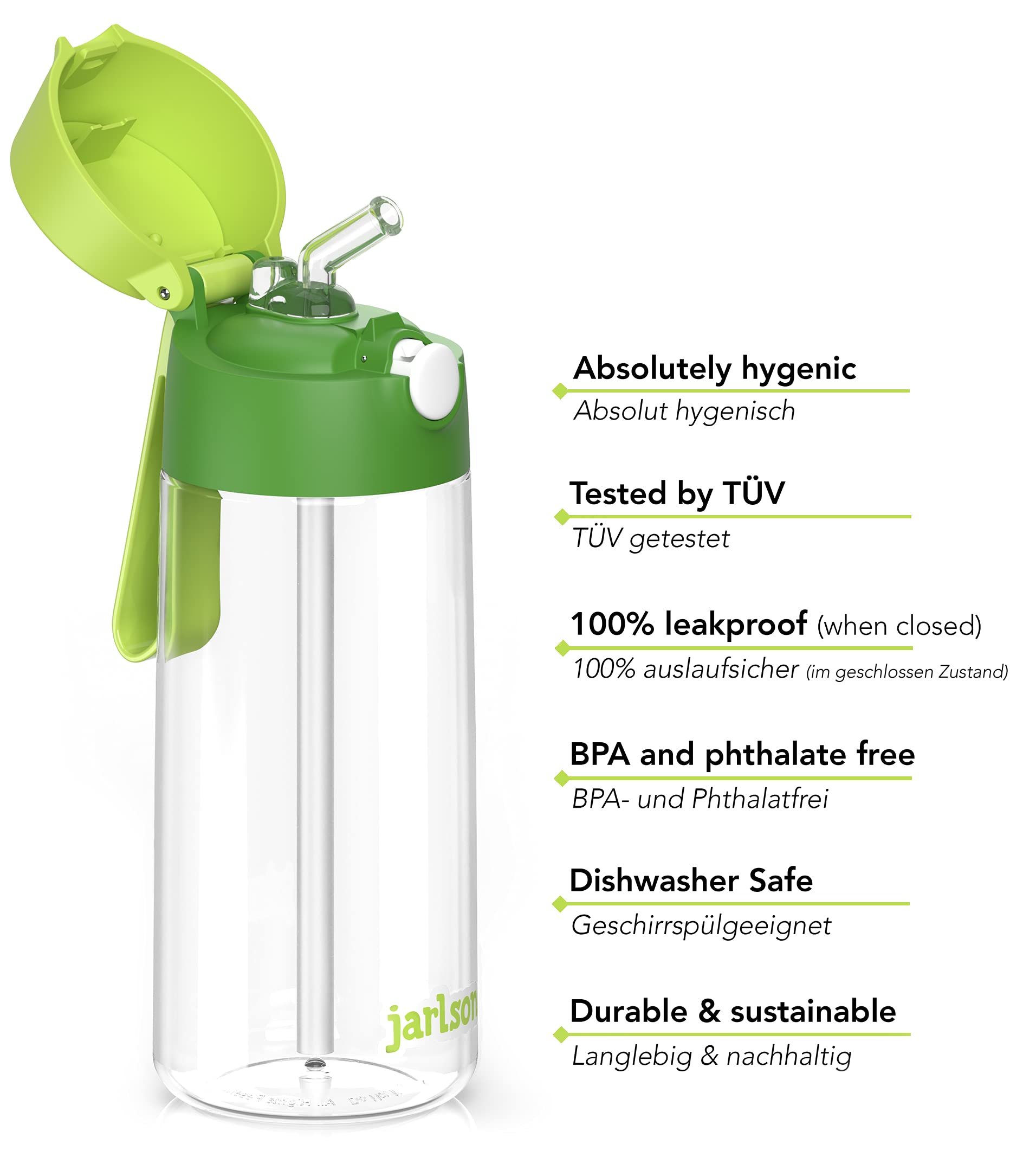 Jarlson® Borraccia Bambini, Bottiglia 500 ml, Senza BPA, Bottiglia Acqua con Cannuccia, per la scuola e l'asilo, realizzato in plastica di alta qualità (verde)