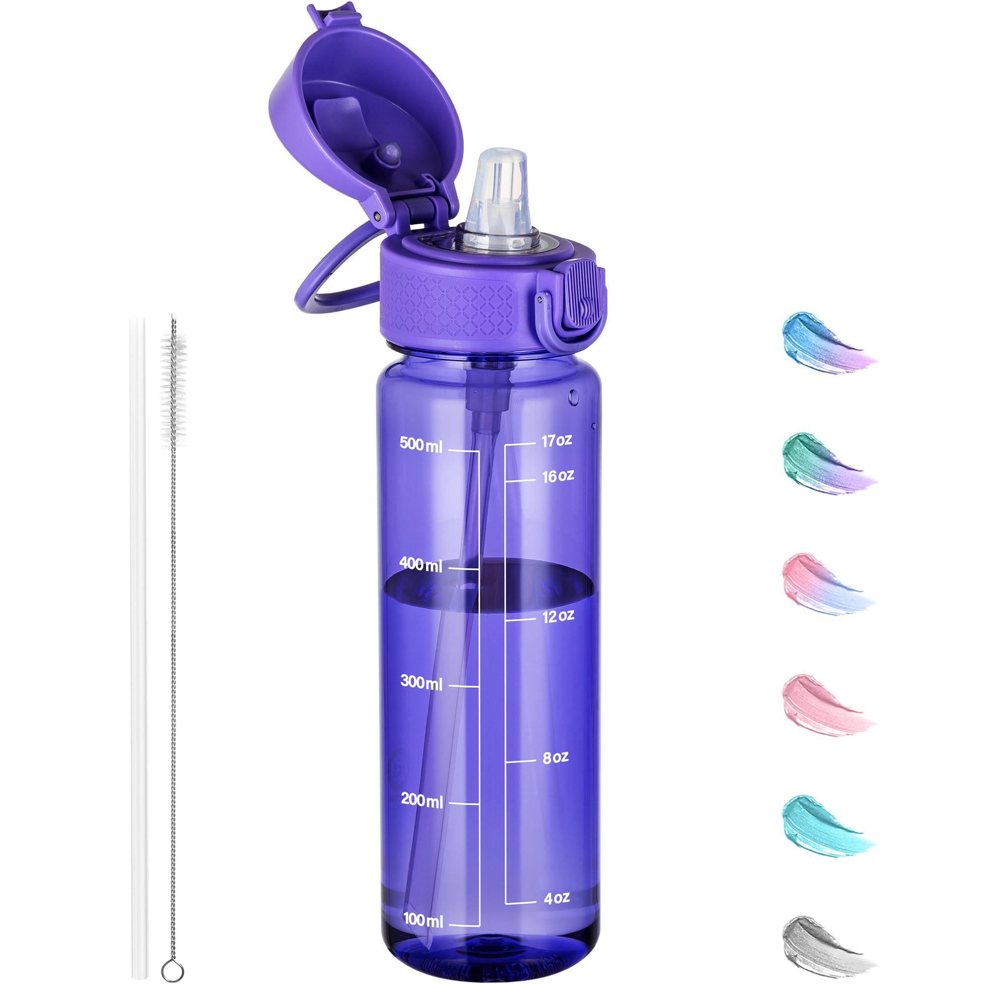 GOPPUS 500ML/17OZ Clear Tritan Water Bottle with Straw Transparent Childrens Drinks Bottle with Carrying Handle See Through Measured Bottles with Flip Top Lid Leakproof Adults Water Bottles BPA Free — image 1
