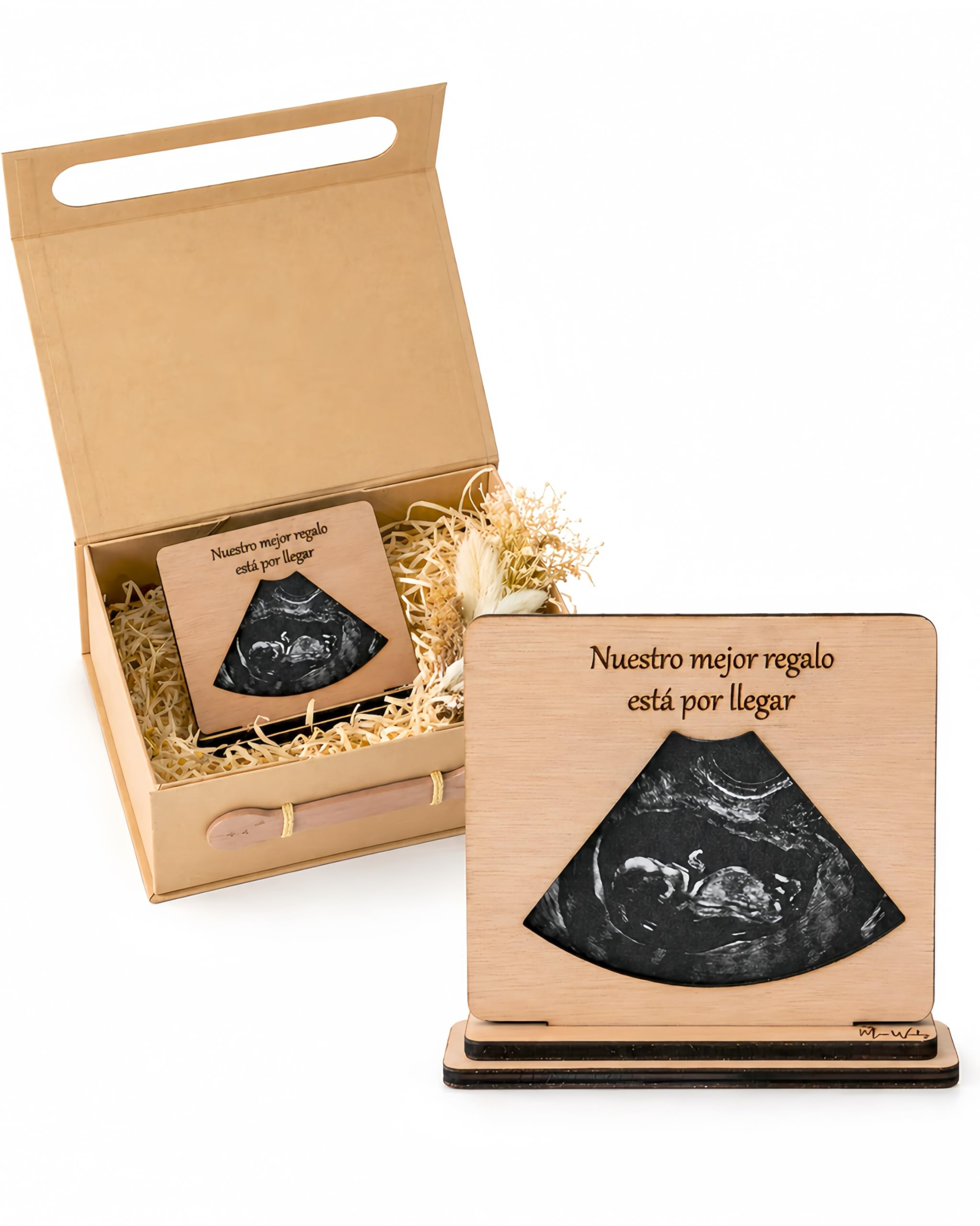 Marco Madera Ecografía Embarazo Regalo Original Bebé Emotivo Anuncio Futuro Nacimiento Decoración Minimalista Padres Primerizos Caja Flores Secas Grabado Láser Manual Artesanal