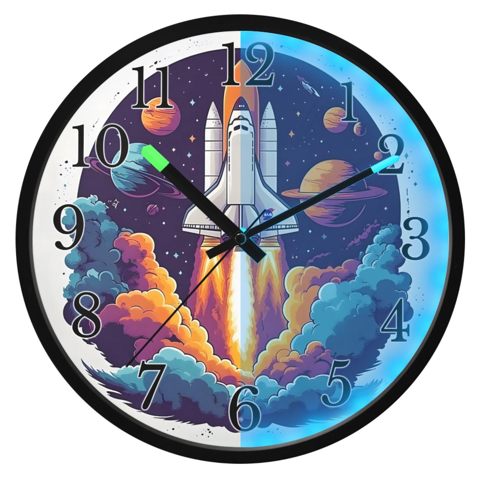 Mnsruu Reloj de pared luminoso, reloj de pared con diseño de cohete de galaxia espacial, brilla en la oscuridad, funciona con pilas, silencioso, sin tictac, luz nocturna para dormitorio