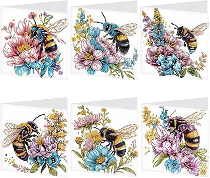MVVMTOP 6pcs Diamond Painting Greeting Card, DIY Bees and Flowers Diamond Art Greeting Card for Blessing and Wishe Special Shaped Diamond Arts Crafts for Birthday Thanksgiving Day