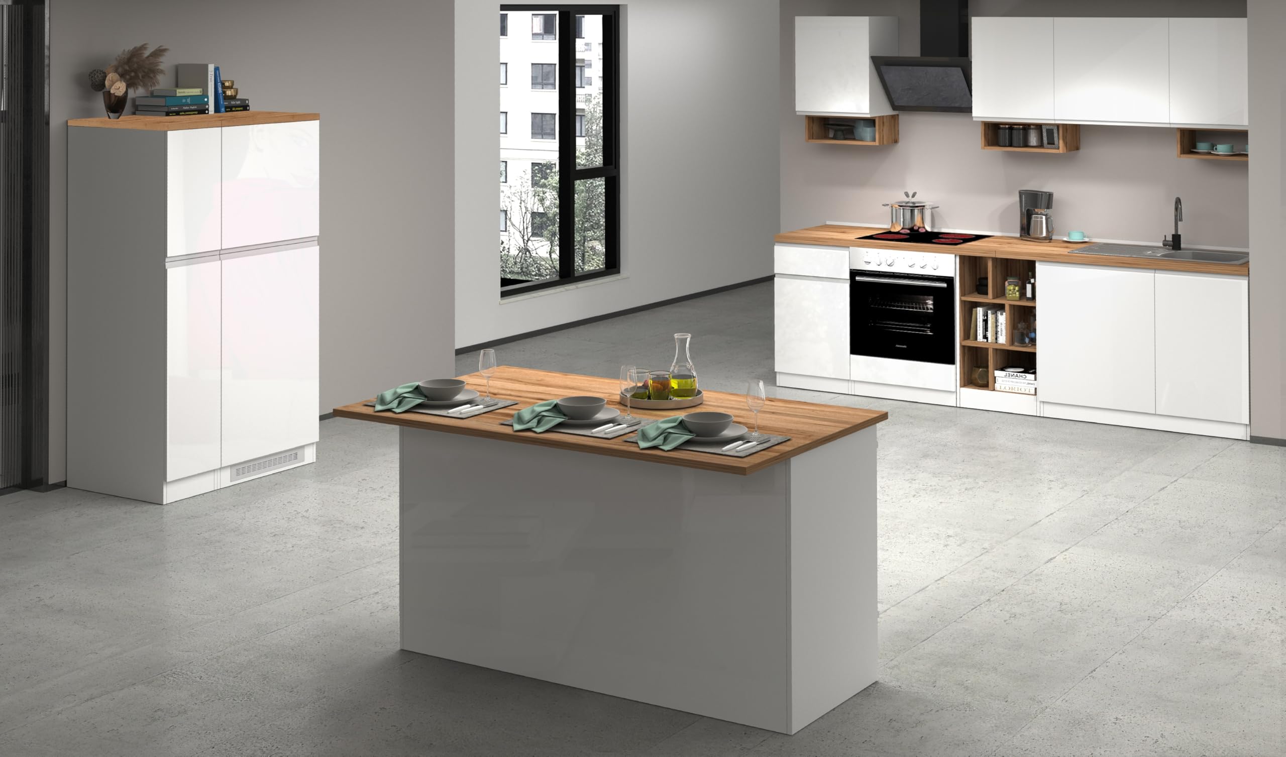 Generico Web Furniture Isola SOLE Cucina 155 x 90 x 90 cm Antracite/Report (Bianco lucido/Rovere)