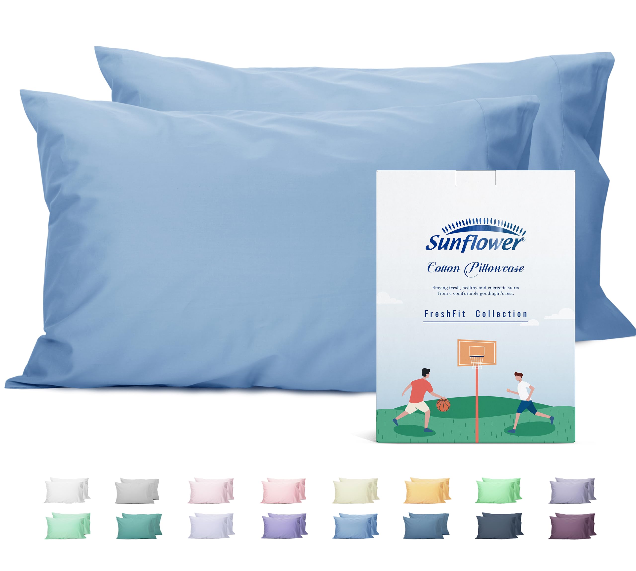 Sunflower King Pillowcases Set of 2, 100% Cotton King Size Pillow Cases 2, 20×40 inches Placid Blue, Soft and Breathable