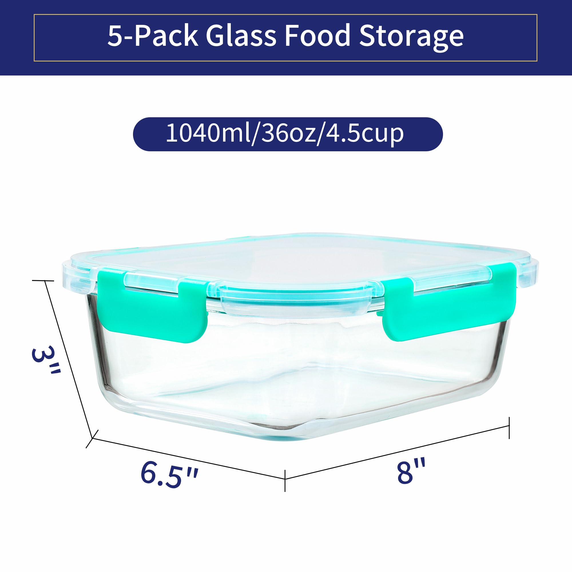MFY Glasbehälter mit Deckel, wiederverwendbar, für Mahlzeiten, luftdicht, BPA-frei, mikrowellen-, ofen-, gefrier- und spülmaschinenfest, Grün, 5 Stück